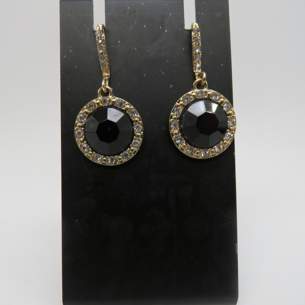 Gold Tone Black Faceted Stone Crystal Halo Drop Earrings Shepherd Hook